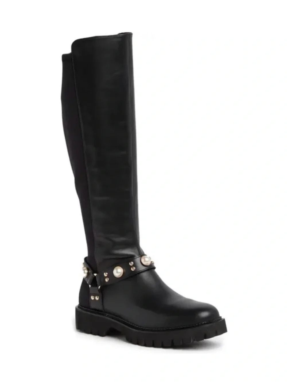 Bougie Black Pearl-Studded Karl Lagerfeld Leather Knee-High Combat Boots - NEW 8